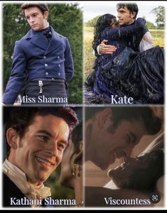 four different pictures of the same man and woman in historical clothing, one with his arms around each other