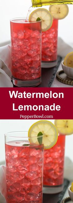 two glasses filled with watermelon lemonade next to sliced lemons on a plate