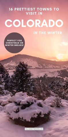 the cover of colorado in winter, with snow on the ground and mountains in the background