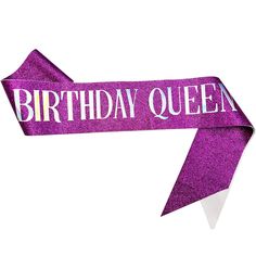 a purple birthday queen ribbon on a white background