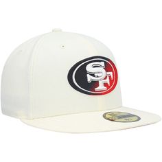 Add a stylish finishing touch to any fan getup with this San Francisco 49ers Chrome Dim 59FIFTY hat by New Era. It features a fitted construction and a trendy high crown for a classic game day look. Plus, the bold San Francisco 49ers embroidery on the front panels has an ombr design for an authentic fan accessory. Flat bill with ability to curve Brand: New Era Fitted High Crown Wipe clean with a damp cloth Embroidered graphics with raised details Material: 100% Polyester Imported Officially lice White Flat Brim Hat For Game Day, White Fitted Hat With Curved Brim For Fans, White Flat Bill Hats For Game Day, White Flat Brim Hat For Fan Gear, Chrome Color, 59fifty Hats, New Era Fitted, Fan Accessories, Chrome Colour