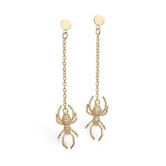 "Dangle spider earrings with pave CZ stones. Available in 18k gold plated or sterling silver. - 2 1/2\" - Made in the USA. SHOP MORE JEWELRY, https://www.etsy.com/shop/melissavelia?section_id=10442322" Gold Dangle Halloween Jewelry, Gold Dangle Jewelry For Halloween, Halloween Gold Dangle Jewelry, Gold Jewelry For Halloween, Spider Earrings, Silver Prices, Halloween Earrings, Gold Gold, Cz Stone