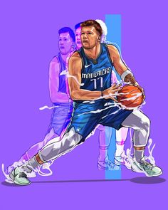 a drawing of a basketball player with the ball in his hand and two other players behind him