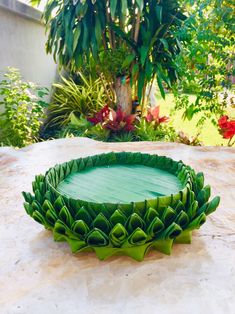 a green tray sitting on top of a table