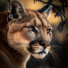 a close up of a mountain lion with blue eyes and an intense look on its face