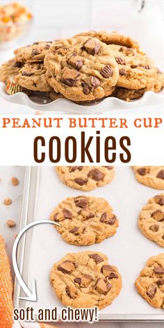 peanut butter cup cookies on a cookie sheet with text overlay that reads, soft and chewy