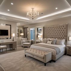 Master Bedrooms With Seating Area, Rich House Aesthetic Bedroom, Modern Fancy Bedroom, Luxury Woman Bedroom Design, Big Bedroom Luxury Master Suite Classy, Lux Bedroom Ideas Interior Design, Modern Contemporary Bedroom Luxury Master Suite Layout, Bedroom Decor Large Room, Big Master Bedrooms Luxury