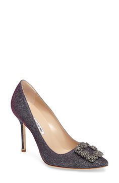 Women's Manolo Blahnik 'Hangisi' Jeweled Pump, Size 6US / 36EU - Blue (Nordstrom Exclusive) Sparkling Pointed Toe Heels For Cocktail, Elegant Sparkling Almond Toe Heels, Elegant Sparkling Heels For Event, Glitter Wedding Shoes For Evening, Elegant Sparkling Evening Wedding Shoes, Elegant Glitter Heels For Cocktail, Elegant Glitter Heels For Cocktail Occasions, Elegant Glitter Heels, Elegant Glitter Heels For Wedding