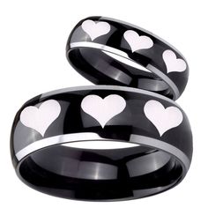 This is an 2 pieces tungsten carbide rings set in black color, Set with a logo Multiple Heart engraved on it. It include a 5mm and 8mm band width women and mens ring.This tungsten ring is cobalt free to avoid allergies, high polish finish, comfort fit design, perfect for the one you love. Tungsten ring is non scratch only apply on original tungsten silver color, it DOES NOT apply for any color coated tungsten item, please good take care your jewelry avoided from crash or any chemical lotion or p Black Tungsten, Tungsten Carbide Rings, Custom Ring, Mens Ring, Rings Set, Tungsten Ring, Mens Band, Tungsten Carbide, Beveled Edge