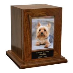 a wooden photo frame with a dog on it