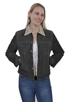 You don't have to spend a million bucks to look like a million in this Suede jean jacket by Scully leather.This traditional jean jacket features a faux shearing point collar and faux shearling lining with an inside suede pocket.This jean jacket has a snap front closure, two chest flap pockets with snap closures and waist cinch snaps. Classic Fitted Winter Denim Jacket, Classic Fitted Denim Jacket For Winter, Winter Classic Fitted Denim Jacket, Casual Fitted Leather Jacket With Faux Fur Lining, Bohemian Cowgirl, Fringe Leather Jacket, Western Outfits Women, Cowgirl Chic, Vintage Inspired Fashion