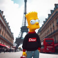 the simpsons is standing in front of the eiffel tower and holding a red purse