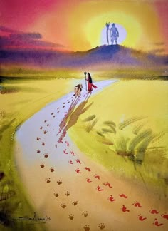 a painting of two people walking down a path in the middle of an open field