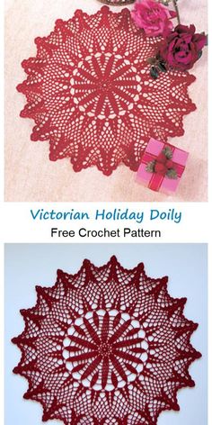 crochet doily is shown in three different colors and sizes, with the text victorian holiday doily free crochet pattern