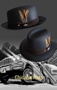 "Frank Garcia traditional  Black fine finish  fedora lowrider hat made of 100% woven finest cotton string comes with a brown band. Also comes with a silk inside liner, real rooster feather, pearl pin and hat pendant. 2\" brim." Mens Dress Hats, Frank Garcia, Fedora Hat Men, Rooster Feathers, Pearl Pin, Cotton String, African Print Fabric, Lowrider, Dress Hats