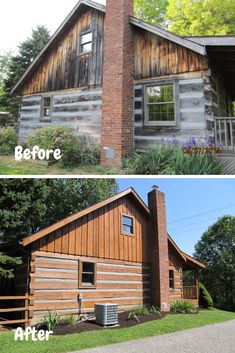 before and after photos of a log cabin with wood siding on the outside, and inside