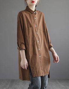 Loose Solid Color Mid-length Shirt – Obiono Oversized Brown Shirt For Spring, Brown Casual Collar Tops For Spring, Casual Plain Long Sleeve Blouse, Casual Brown Blouse With Relaxed Fit, Casual Long Sleeve Plain Blouse, Casual Brown Cotton Blouse, Brown Cotton Long Sleeve Blouse, Long Sleeve Brown Cotton Blouse, Brown Long Sleeve Cotton Blouse