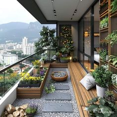 a balcony with lots of plants and rocks