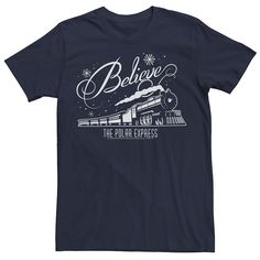 a navy t - shirt with the words believe and an image of a train on it