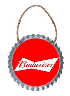 budweiser beer bottle cap ornament hanging from a rope with the word budweiser on it