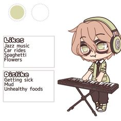 an anime character with headphones on sitting at a keyboard and listening to music notes