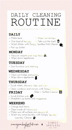 the daily cleaning routine is shown in black and white, with text on pink background