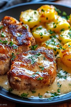 Garlic Butter Pork Chops with Cheesy Potato Bake Pork Chops With Scalloped Potatoes, Cheesy Potato Bake, Boneless Pork Chop Recipes, Pork Chops And Potatoes, Pork Recipes For Dinner, Meat And Potatoes