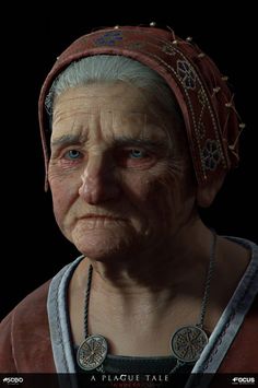 an old woman with blue eyes wearing a red headdress and a necklace on her neck