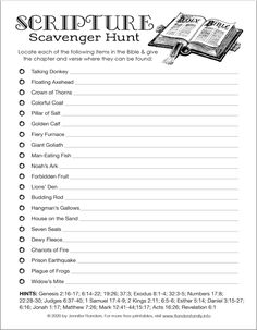 the scriffure scavenger hunt is shown in this printable version