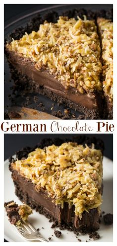 german chocolate pie on a plate with one slice cut out and the other half eaten