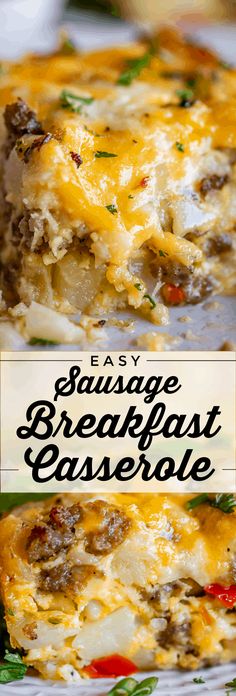 an easy breakfast casserole with sausage and cheese on top is ready to be eaten