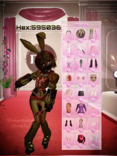 an animated bunny is standing in front of a display case with clothes and accessories on it