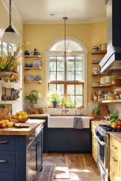 Bright kitchen with blue cabinets, a farmhouse sink, and open shelves displaying dishes and plants. Mustard Yellow Walls Kitchen, Blue And Yellow Farmhouse Kitchen, Yellow Kitchen Blue Cabinets, Bold Color Kitchen, Galley Kitchen Colors Schemes, Kitchen Ideas Colourful, Cozy Kitchen Color Palette, Yellow Kitchen Walls With White Cabinets, Yellow And Navy Kitchen