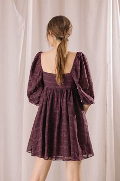 Dresses - Storia Monochromatic Plaid Baby Doll Mini Dress - Girl Intuitive - Storia - Long Sleeve Babydoll Dress, Plaid Baby, Purple Plaid, Puffy Sleeves, Bohemian Chic, Plaid Dress, Sheer Sleeves, Babydoll Dress, Sheer Fabrics