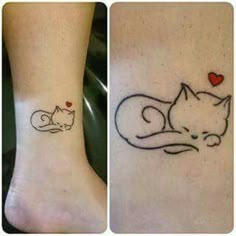 two pictures of cats with hearts on their ankles and one has a cat's tail