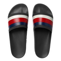 Gucci Men's Web Pursuit Rubber Pool Slide in Black Red rmia bags. 100% Rubber. Made in Italy. 100% ity d. Brand new in box. Gucci size = size on box and shoes. Gucci Slides, Pool Slide, Black Slides, Buy Gucci, Men Loafers, Prada Crossbody, Slides Sandals, Backpack Tote Bag, Roger Vivier