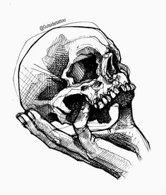 a black and white drawing of a human skull in someone's hand with its mouth open