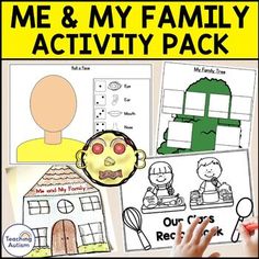 the me and my family activity pack is shown with hand drawn pictures, including an image of