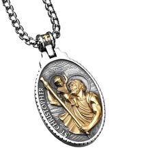 Embrace spiritual grace with the Saint Christopher Necklace. This exquisite pendant features a depiction of revered figure Saint Christopher- artfully crafted in durable stainless steel. The intricate design creates a powerful amulet of faith and protection. This necklace serves as a beautiful expression of devotion or a thoughtful gift. Let this timeless piece be a daily reminder of divine guidance and inner peace. Vintage-inspired design with strong religious symbolism Premium 316L stainless steel - Lightweight, hypoallergenic and tarnish-resistant Retro chain included (24 inches length) Saint Christopher Pendant - Symbol of Protection and Faith Spiritual Engraved Oval Pendant Jewelry, Engraved Oval Pendant Spiritual Jewelry, Spiritual Necklaces With Polished Finish For Memorial, Spiritual Necklaces With Engraving Option For Commemoration, Engraved Spiritual Medallion Jewelry, Spiritual Pendant Necklace With Engraving Option, Spiritual Pendant Necklaces With Engraving Option, Saint Christopher Necklace, St Christopher Necklace