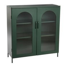 a green metal cabinet with two doors