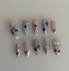 Summer Bow Nails, Blue Cherry Nails, Nail Art Cherry, Blue Plaid Nails, Christmas Aesthetic Nails, Nail Blue, Cherry Nail, Bow Nail Designs, Bow Nail Art