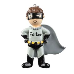 a glass ornament with a batman character wearing a mask and cape on it