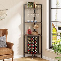 a living room with a chair and wine rack