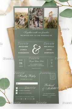 a wedding card with two photos on the front and back, in green paper next to some leaves