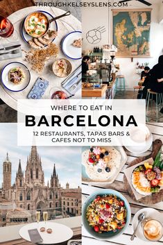 a collage of images with the words where to eat in barcelona