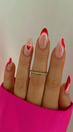 Valentine's Day, Nails, Pink, Red, Heart, Love Almond Nails Designs Summer, Paznokcie Hello Kitty, Vday Nails, Kutek Disney, Colourful Nails, Girly Acrylic, Nagel Tips