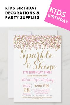 Sparkle and Shine Pink Gold Birthday Invitation Sparkle First Birthday Theme, Sparkle And Shine Birthday Party, Sparkle Birthday Party Theme, Glitter Birthday Party Ideas, Glitter Themed Party, Gold And Pink Birthday Party, Sparkle Birthday Party, Glam Birthday, Glitter Birthday Party