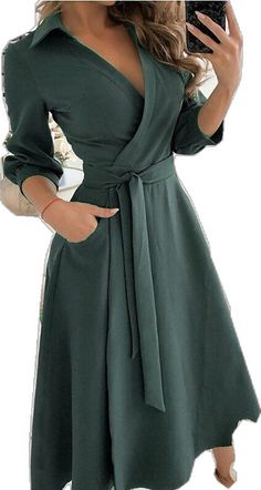 Green V-neck Long Sleeve Dress For Fall, Non-stretch Dresses With Pockets For Fall, Non-stretch Fall Dresses With Pockets, V-neck Winter Dresses With Pockets, V-neck Winter Dress With Pockets, Winter V-neck Dress With Pockets, Mid-length Green Dress For Fall, Green Mid-length Dress For Fall, Mid-length Fall Dresses With Pockets