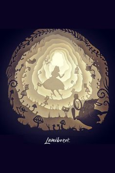 an illuminated paper plate with the silhouettes of alice and wonderland on it