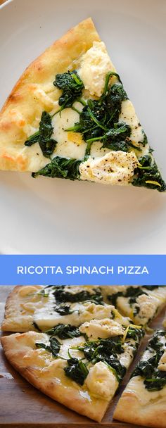 two different slices of pizza with spinach on top